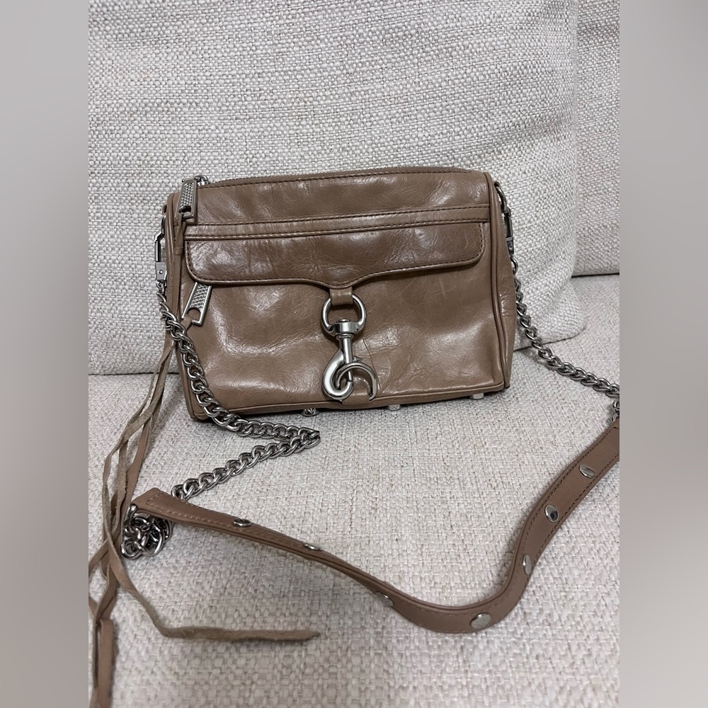 Rebecca Minkoff Mini Mac Crossbody in beige/tan with silver hardware.